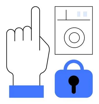 Simplistic Security Concept with Hand Gesture and Padlock Symbols on White .. Illustrazione stock