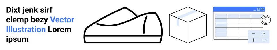 Simplistic Shoe, 3D Cube, and Spreadsheet Elements with Latin Placeholder Tex Stock Illustration