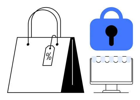 Simplistic Shopping Bag with Security Lock and Computer Screen Symbols Illustrazione stock
