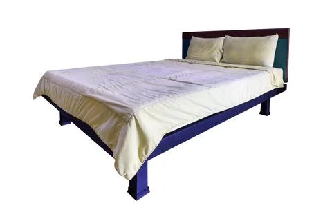 Simplistic steel bed with bedding and pillow isolated on white backgrounds Stock Photos