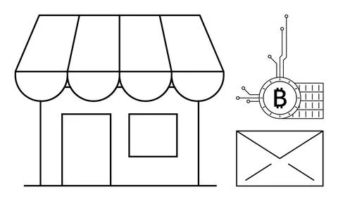 Simplistic Storefront with Bitcoin and Technology Elements Illustrazione stock