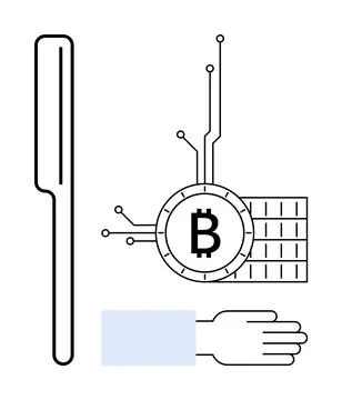 Simplistic style with a hand and technological elements surrounding a Bitcoin Stock Illustration