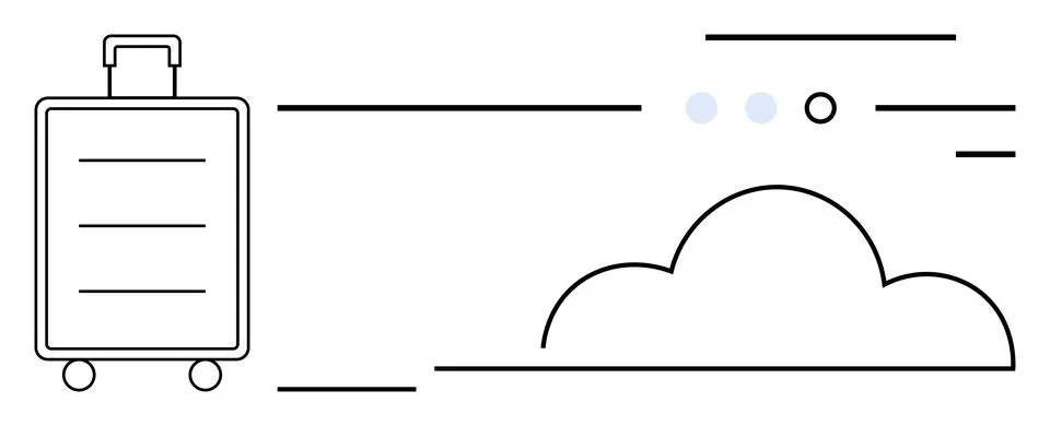 A simplistic suitcase with wheels and handle next to lines and dots forming a Illustration