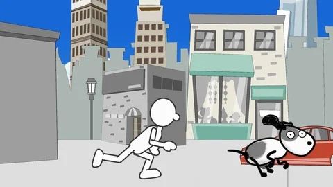 Simply Drawn Man, Chasing Dog (City Background):  Looping Video stock 70650060