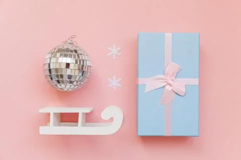 Simply minimal composition winter objects ornament ball sled gift box isolate 스톡 사진