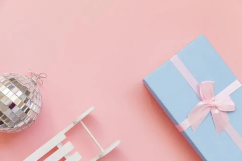 Simply minimal composition winter objects ornament ball sled gift box isolate 스톡 사진