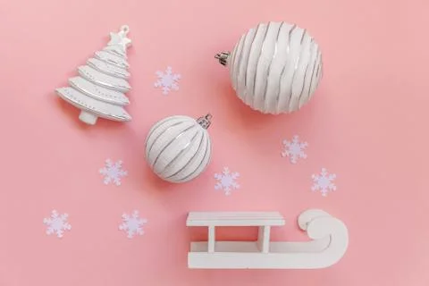 Simply minimal composition winter objects ornament ball fir tree sled isolate 스톡 사진
