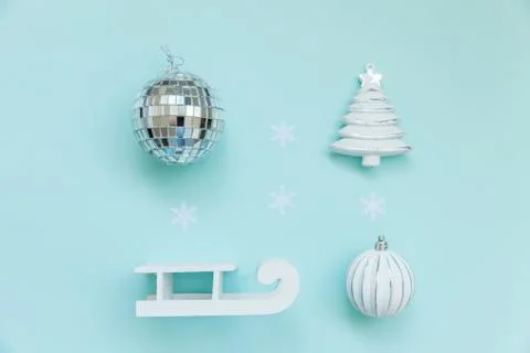 Simply minimal composition winter objects ornament sled fir tree ball isolate Stock Photos