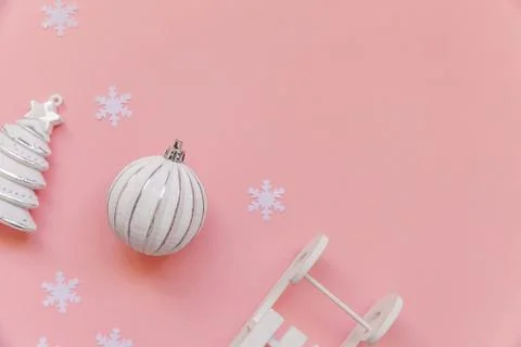 Simply minimal composition winter objects ornament ball fir tree sled isolate 스톡 사진