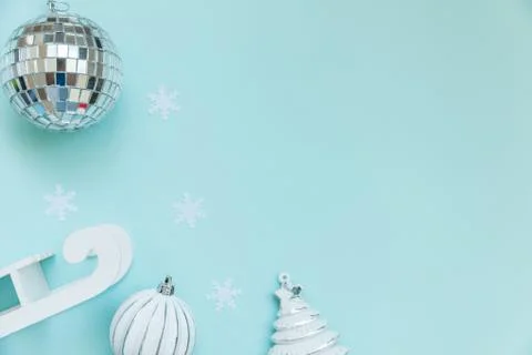 Simply minimal composition winter objects ornament sled fir tree ball isolate Stock Photos