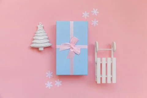 Simply minimal composition winter objects ornament fir tree sled gift box iso Stock Photos
