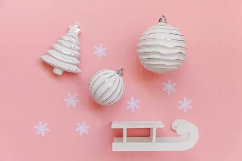 Simply minimal composition winter objects ornament ball fir tree sled isolate 스톡 사진