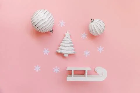 Simply minimal composition winter objects ornament ball fir tree sled isolate 스톡 사진