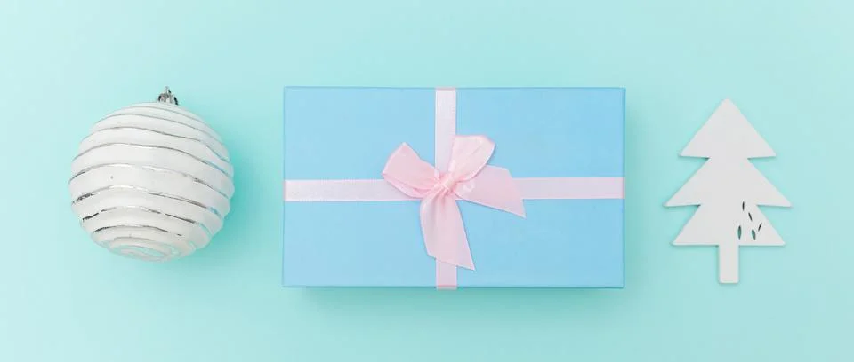 Simply minimal composition winter objects ornament fir tree ball gift box iso Stock Photos