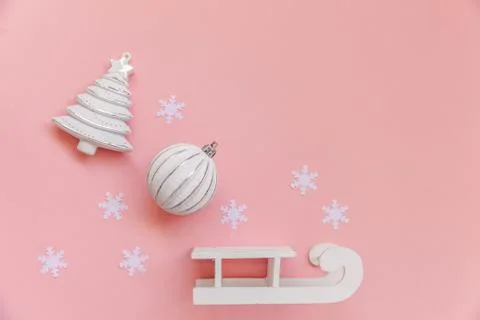 Simply minimal composition winter objects ornament ball fir tree sled isolate 스톡 사진
