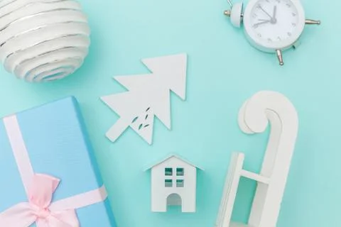 Simply minimal composition winter objects ornament sled fir tree ball gift box Stock Photos