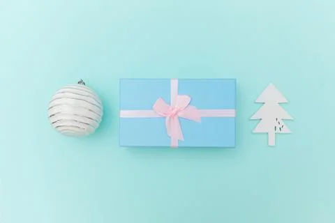 Simply minimal composition winter objects ornament fir tree ball gift box iso Stock Photos