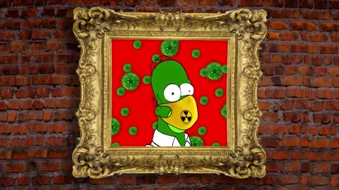 Simpson in a mask. he blinks his eyes. covid 19 viruses are flying against the Video stock 158244137