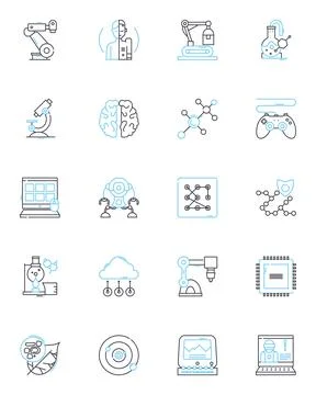 Simulated development linear icons set. Virtual, Model, Simulation, Prototype Stock Illustration
