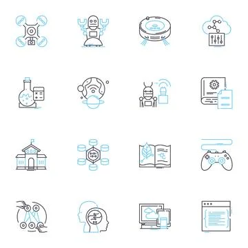 Simulated development linear icons set. Virtual, Model, Simulation, Prototype Stock Illustration