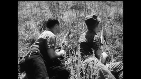 A simulated guerrilla force parachutes onto a field as advisors observe, during Video stock 79516752