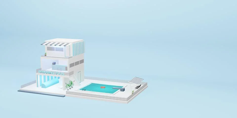 Simulated swimming pool three storey building cartoon model blue pastel 3d .. 스톡 일러스트