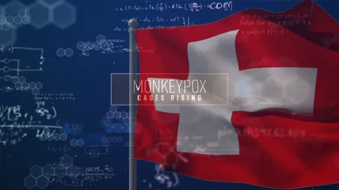 Simulated wind gusting, Swiss flag waving, MONKEYPOX CASES RISING caption Stock Footage 328656616