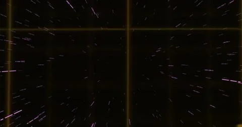 Simulating digital effect racing through dark space, with golden grid lines and Stock Photos