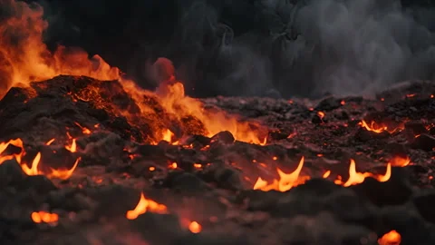 Simulating Intense Eruption of Lava Flowing at Twilight Through a Rocky Terrain Stock Footage 263806216