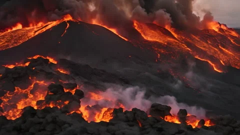 Simulating Massive Lava Eruption Sends Molten Rock Soaring Into the Sky Stock Footage 263806284
