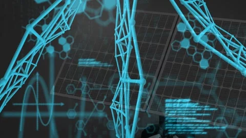 Simulation booting, cyan trusses rotating inward, revealing code, waveform and Stock Footage 332504965