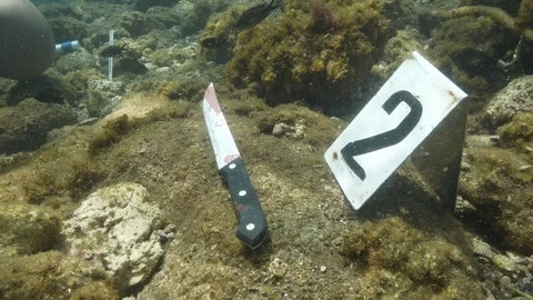 Simulation of crima,detail of diver places tool near bloody knife,Ustica,Med sea Stock Footage 124317781