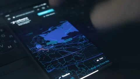 Simulation of cyber attack on a mobile phone screen. Asia and Europe map. Cyber Stock Footage 249821451