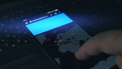 Simulation of cyber attack on a mobile phone screen. Cyber attack and cyber Stock Footage 249826002