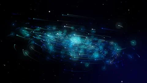 Simulation of galaxy light motion of stars in dark background, future energy  Stock Illustration