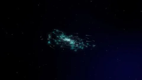 Simulation of galaxy light motion of stars in dark background, future energy  Illustrazione stock