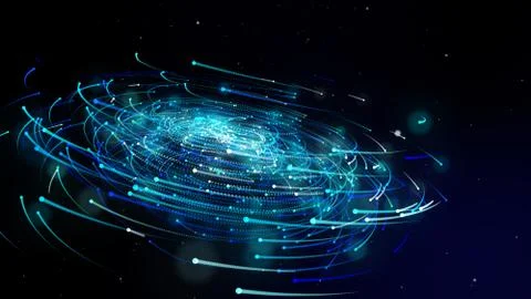 Simulation of galaxy light motion of stars in dark background, future energy  Illustrazione stock