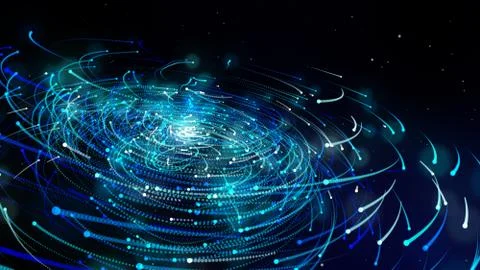 Simulation of galaxy light motion of stars in dark background, future energy  Stock Illustration
