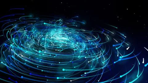 Simulation of galaxy light motion of stars in dark background, future energy  Illustrazione stock