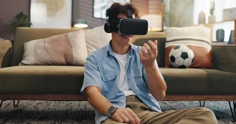 Simulation, gamer and man with vr headset, smile and 3D virtual reality with Stock Photos