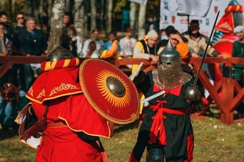 Simulation of a medieval battle among knights. Stock Photos