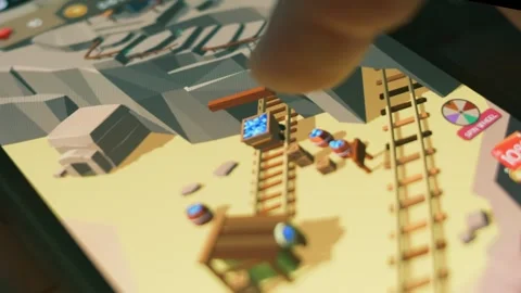 Simulation for mining game on mobile phone. Hologram effect. Macro view. 스톡 동영상 250069844