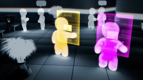 Simulation or metaverse avatars of users downloading or shopping photographs Stock Illustration
