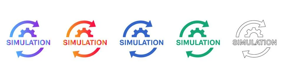 Simulation Process Icons with Gear and Rotation Arrows 库存插图