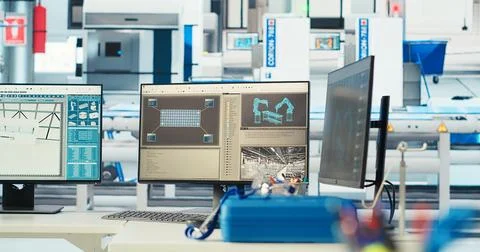 Simulation software on computer monitor in empty solar panels plant Stock-Fotos