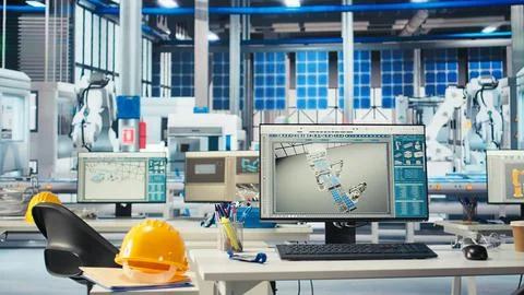 Simulation software on computer monitor in empty solar panels plant Stock-Fotos