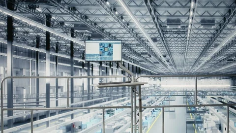 Simulation software on display in empty microchip industry 4.0 plant 库存影片 333378870