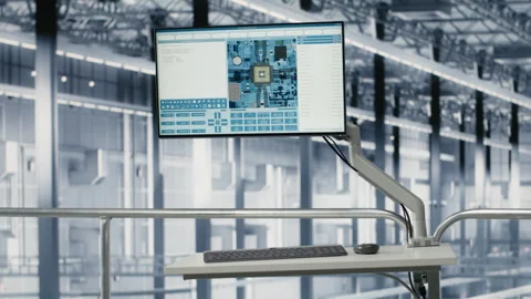Simulation software on display in empty microchip industry 4.0 plant Stockbeeldmateriaal 333383225