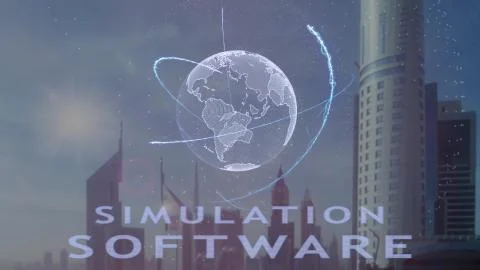 Simulation software text with 3d hologram of the planet Earth against the Stock Photos