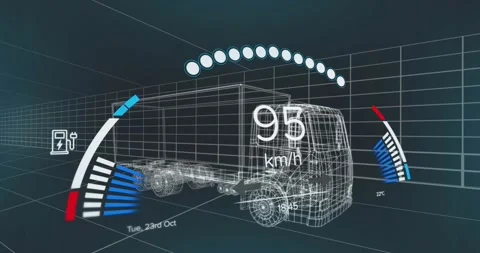 On simulation start wireframe truck animating speed readout, gauges and Stock Footage 317183688